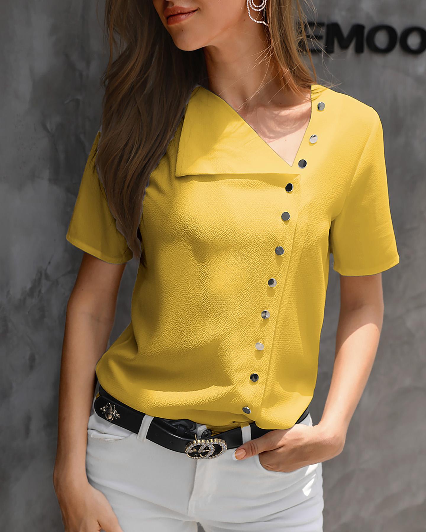 

Short Sleeve Buttoned Casual Blouse, Yellow