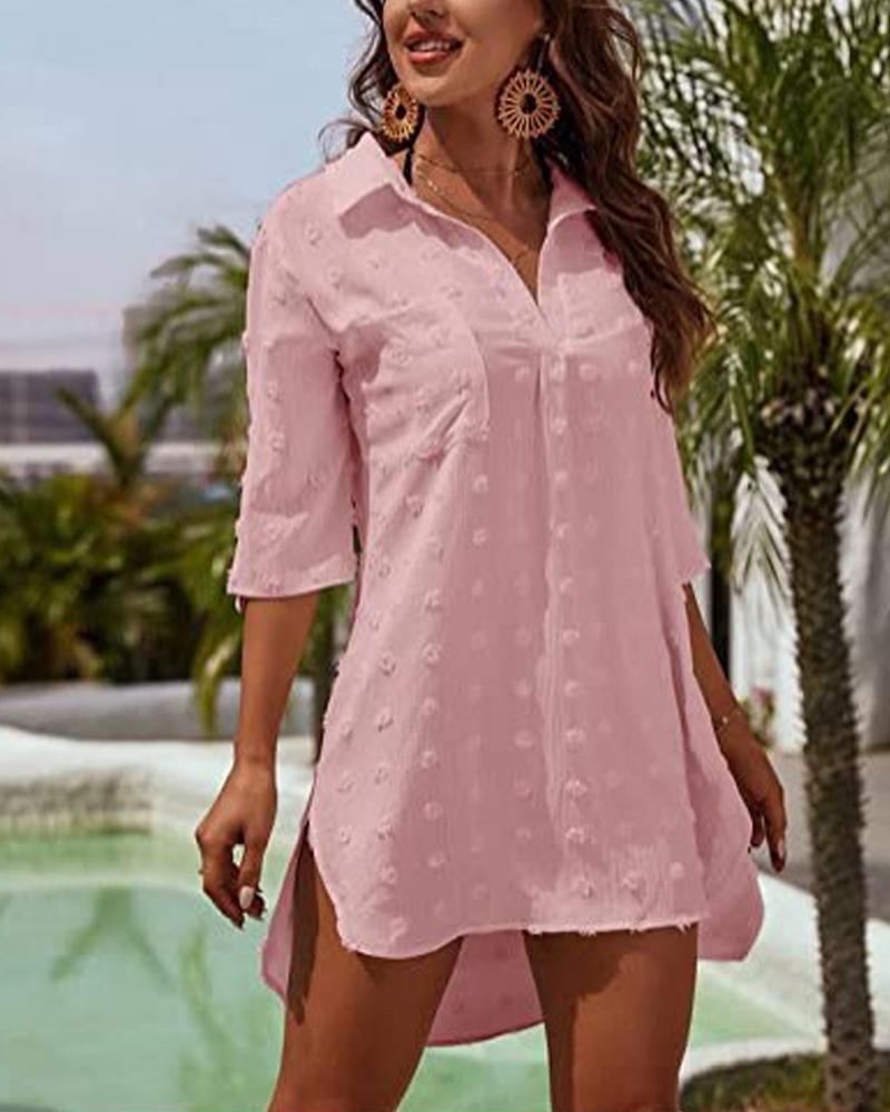 

Swiss Dot Button Pocket Design Casual Shirt, Pink
