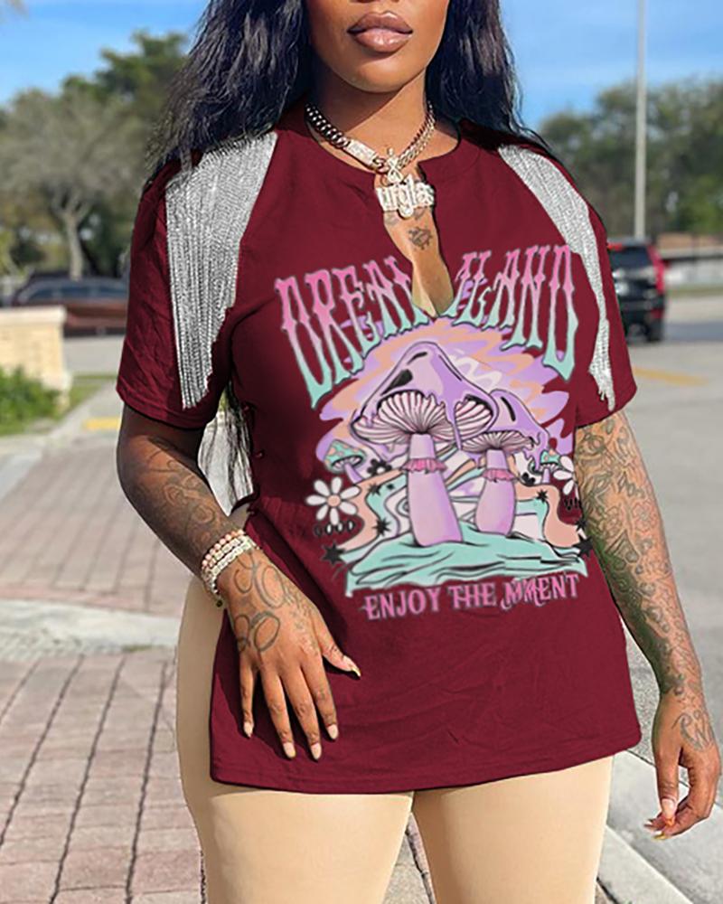

Graphic Letter Print Slit T-shirt, Wine red
