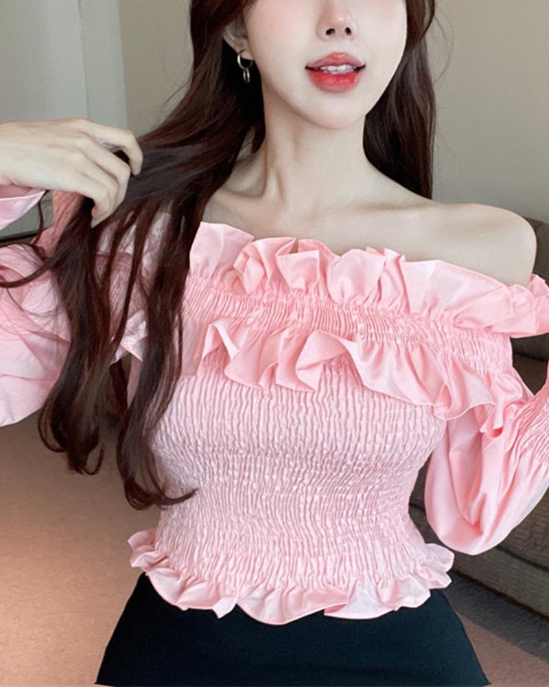 

Frill Hem Shirred Off Shoulder Top, Pink