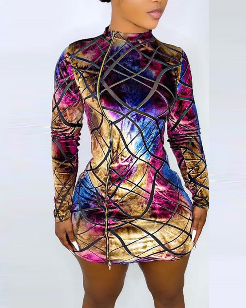 

Abstract Print Zipper Up Bodycon Dress, Multicolor