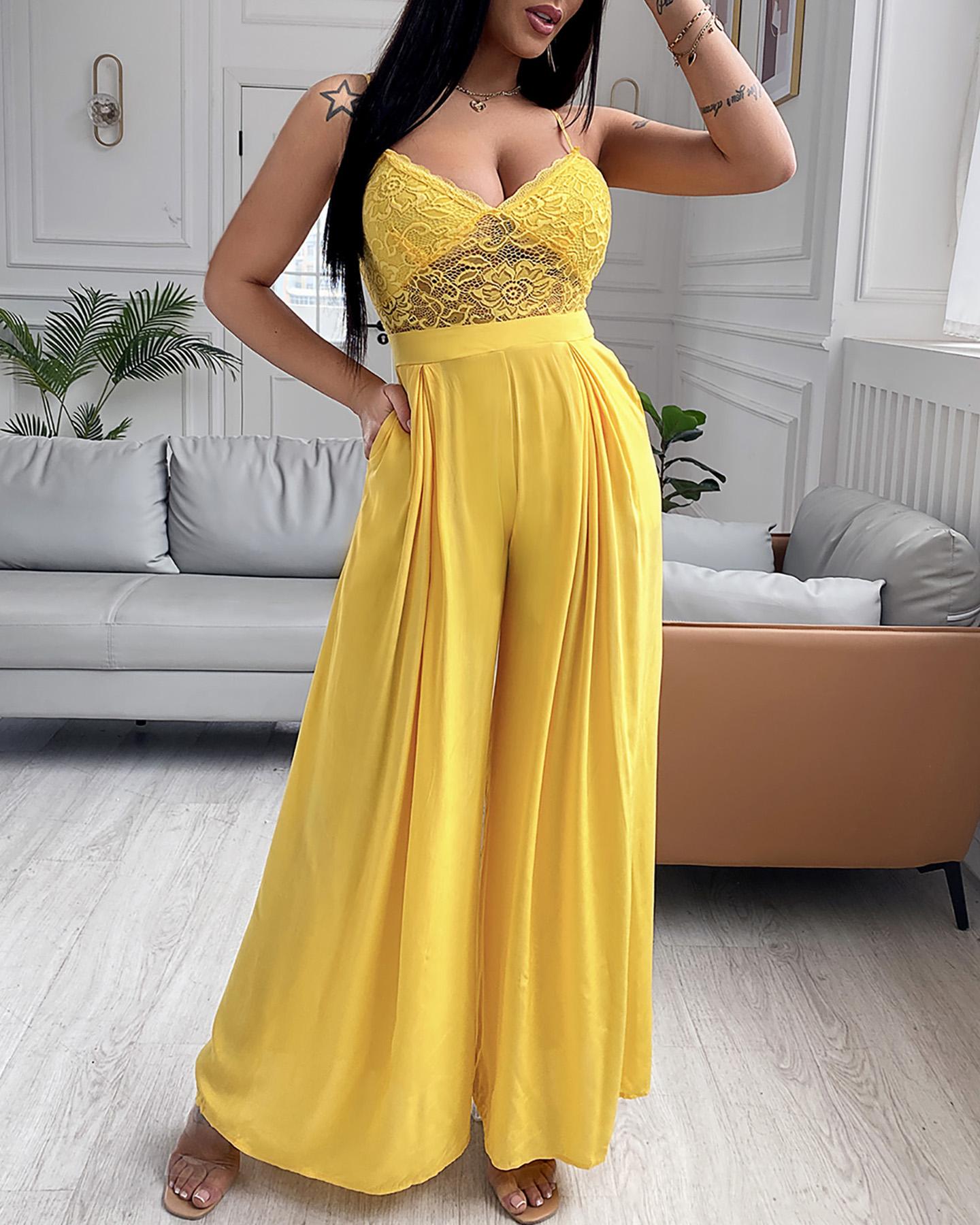 

Spaghetti Strap Crochet Lace Wide Leg Jumpsuit, Yellow