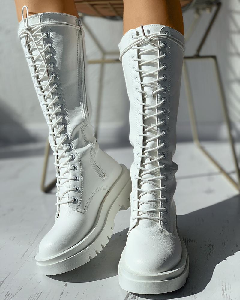 

Eyelet Lace-up Long Boots, White