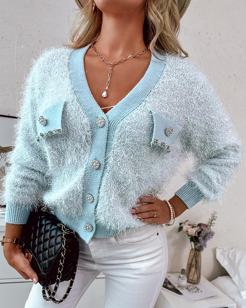 

Fuzzy Buttoned Pearls Rhinestone Decor Cardigan, Blue