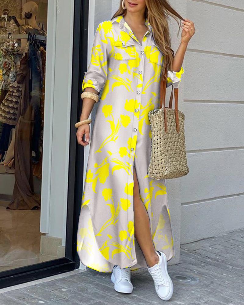 

Plant Print Button Down Shirt Dress, Yellow