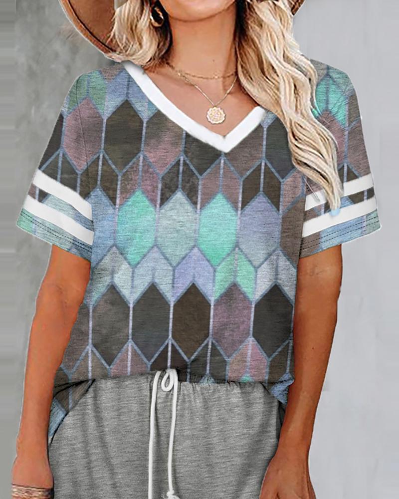 

Striped Geo Print Colorblock Short Sleeve Top, Blue
