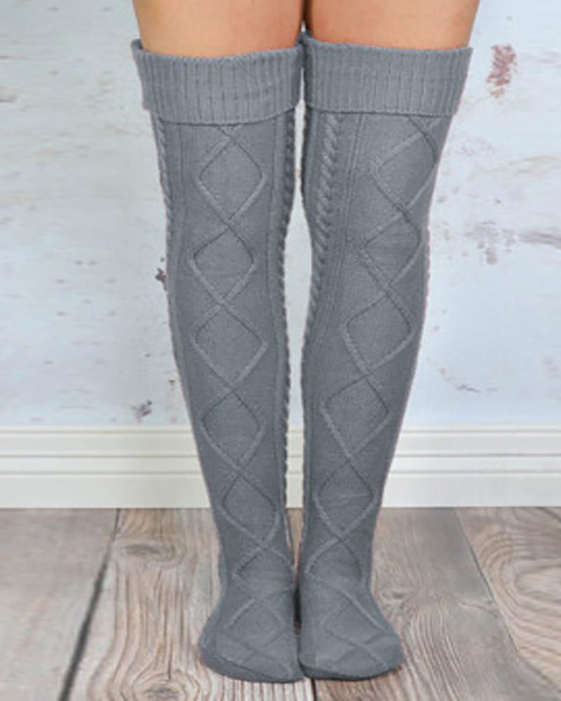 

1Pair Braided Knit Over The Knee Socks, Gray