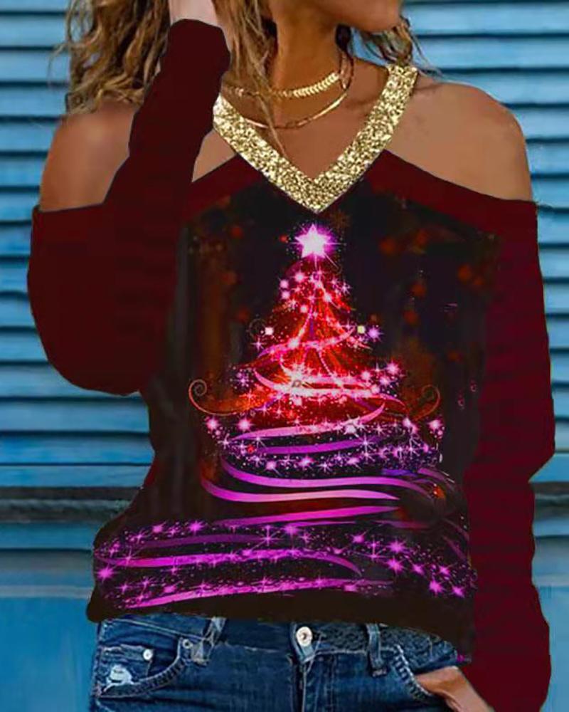 

Christmas Tree Star Print Cold Shoulder Top, Wine red
