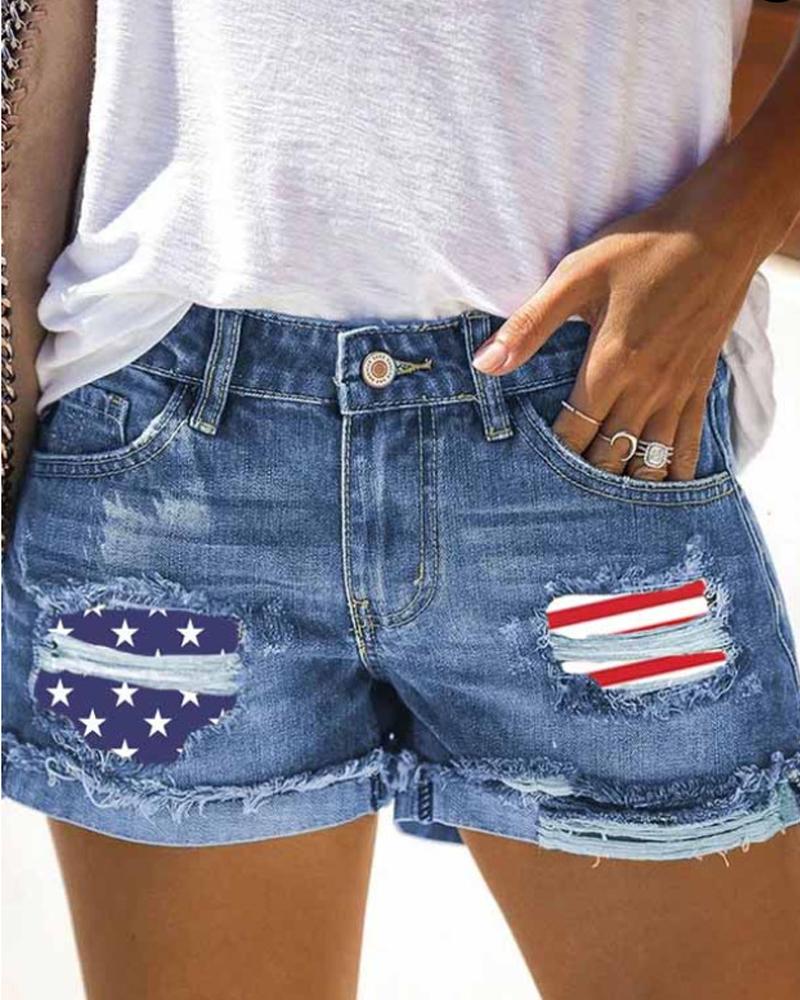

Independence Day Flag Print Patchwork Pocket Design Denim Shorts, Blue