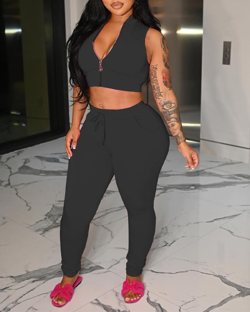 

Sleeveless Zip Up Crop Top & Drawstring Pants Set, Black