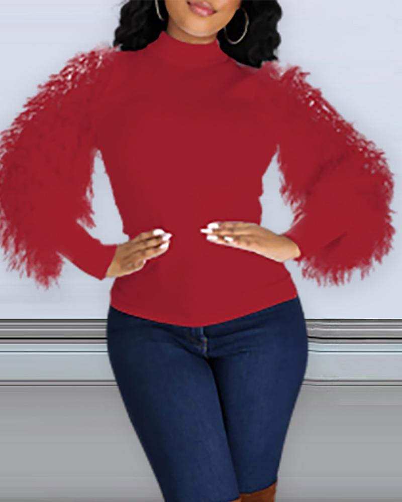 

Mock Neck Fluffy Long Sleeve Sweater, Wine red