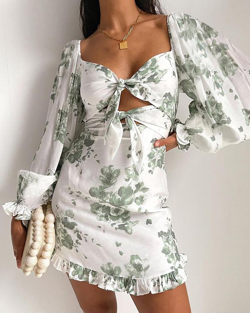 

Floral Print Lantern Sleeve Knotted Frill Hem Dress, White