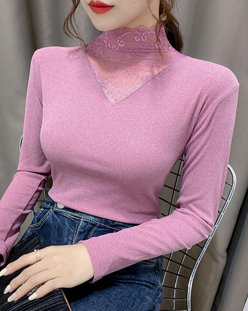

Contrast Lace Warm Fleece Lined Long Sleeve Top, Pink