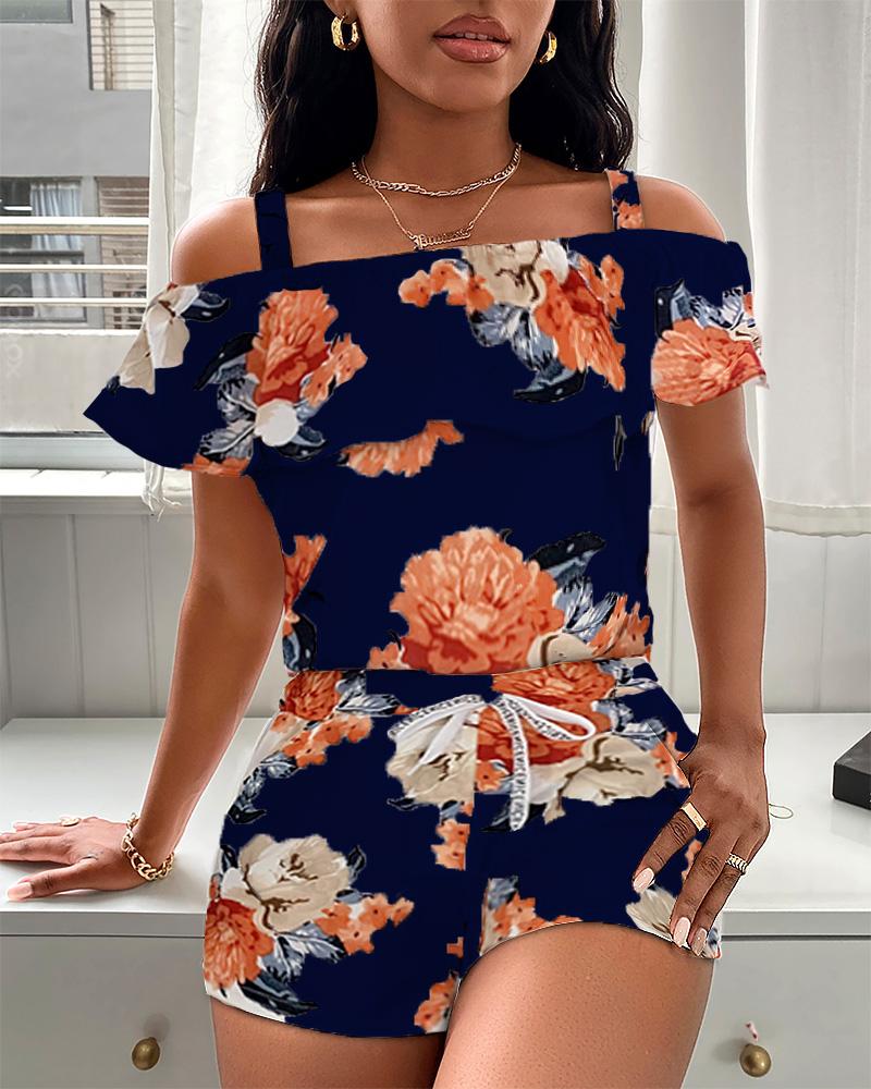 

Floral Print Short Sleeve Loose Blouse With Shorts Suit Sets, Purplish blue
