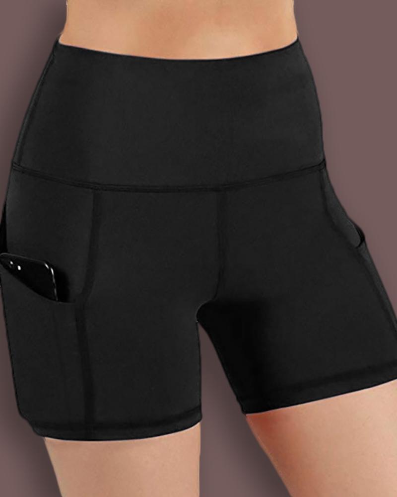 

High Waist Pocket Design Yoga Shorts, Black