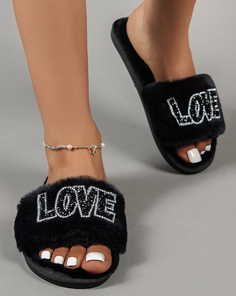 

Rhinestone Love Pattern One Strap Fuzzy Slippers, Black
