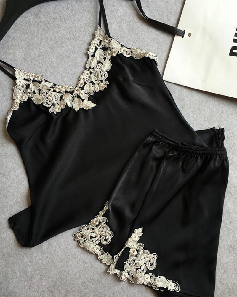 

Contrast Lace Cami Top & Shorts PJ Set, Black