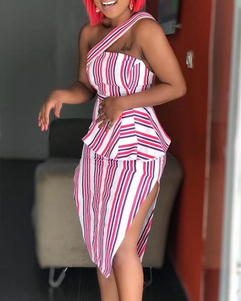 

One Shoulder Striped Colorblock Slit Dress, Red