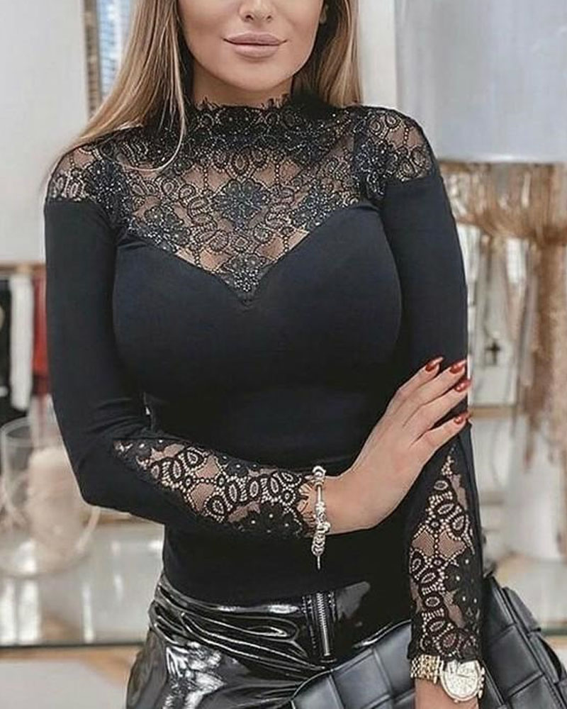 

Contrast Lace Long Sleeve Skinny Top, Black