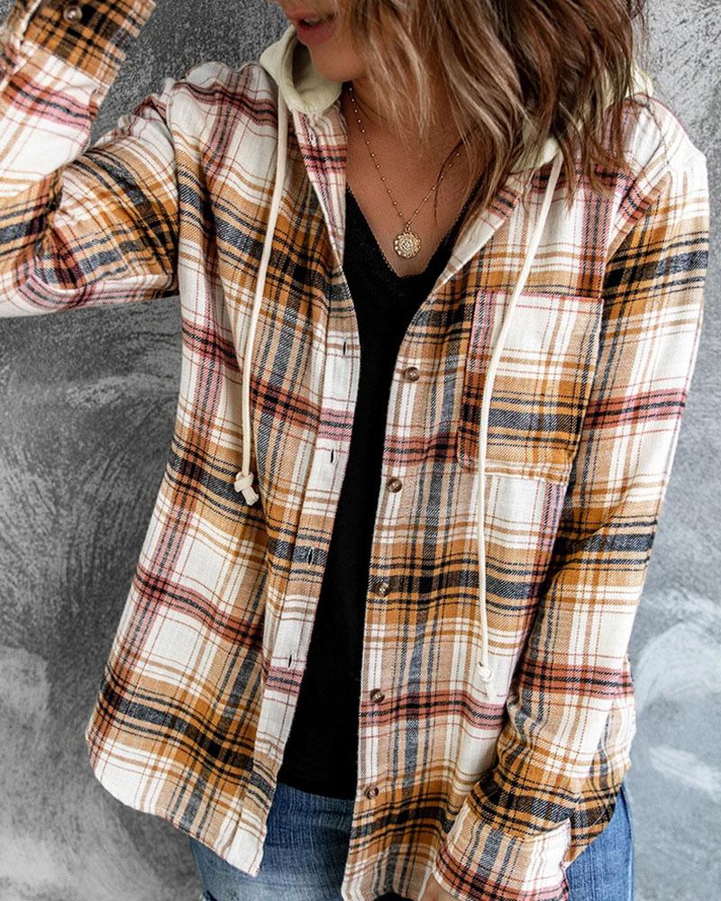 

Plaid Print Button Down Hooded Shacket, Khaki