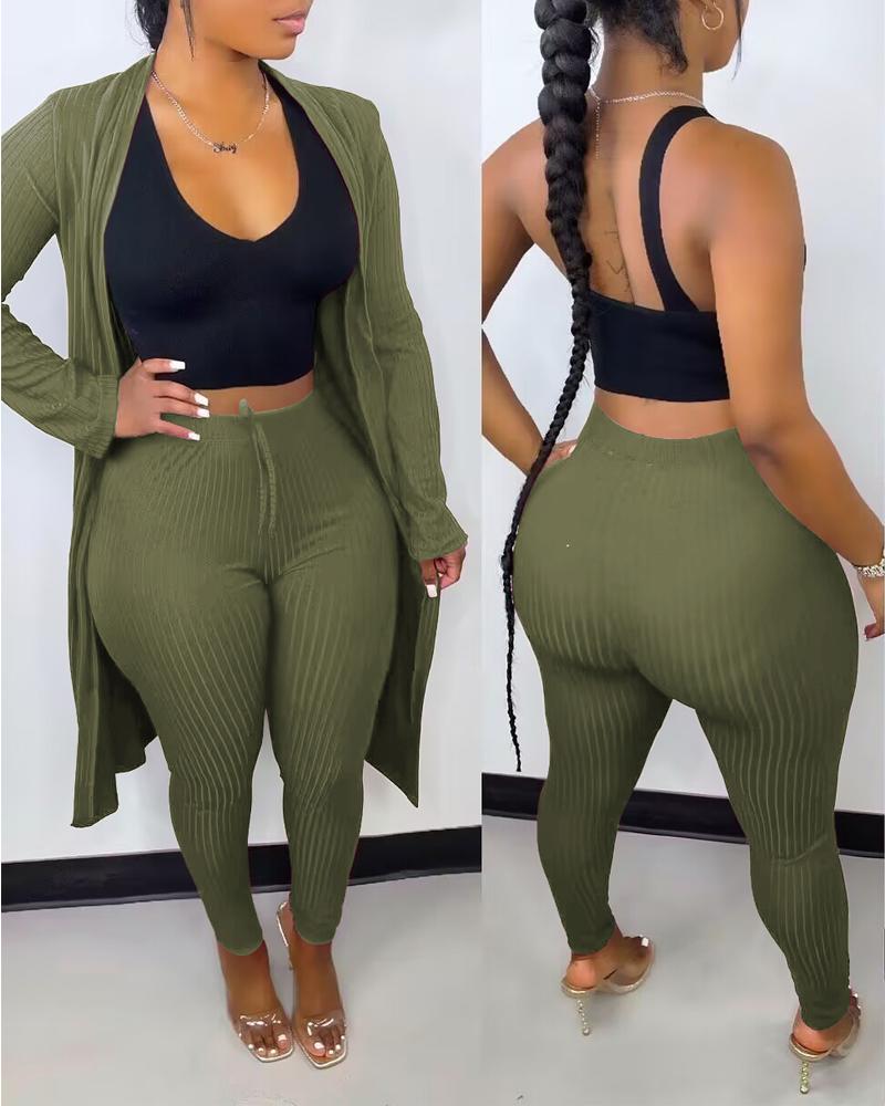 

2 Piece Open Front Long Sleeve Cardigan Coat Stretchy Waist Skinny Pants Outfits, Army green