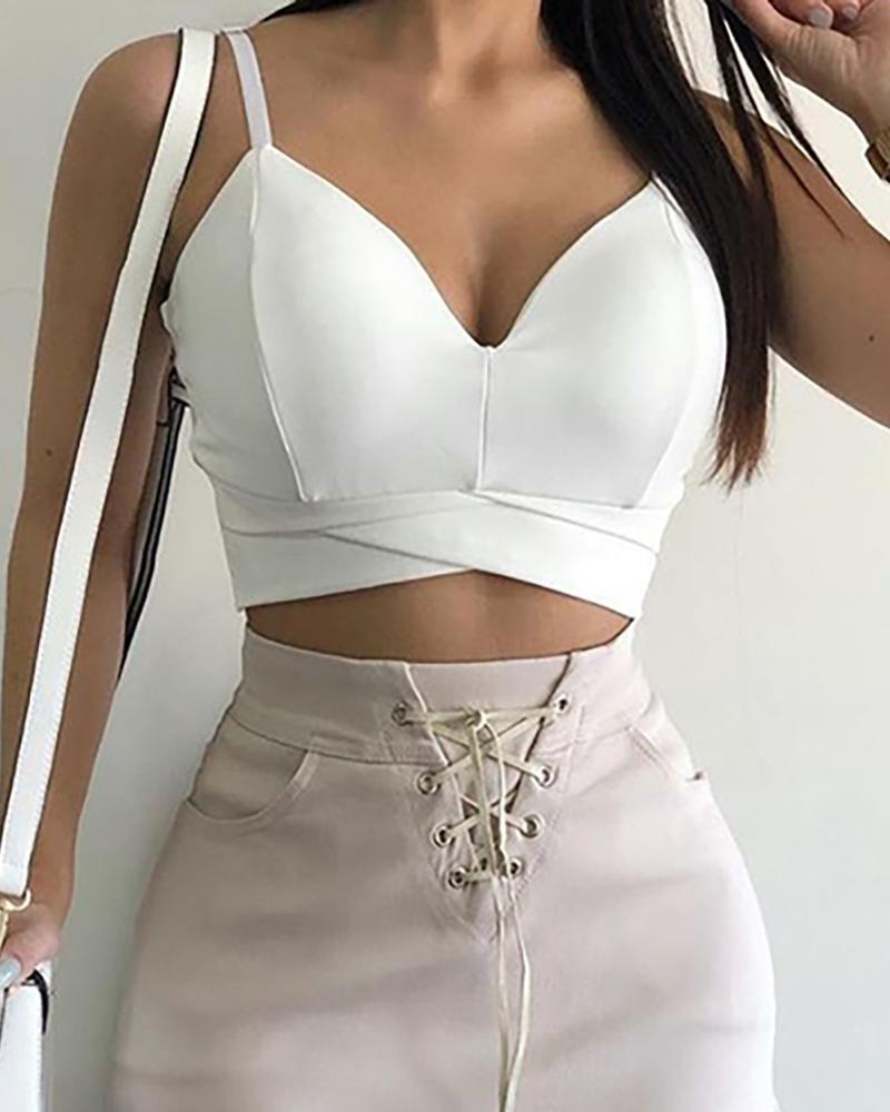 

V Neck Bandage Spaghetti Strap Basic Top, White