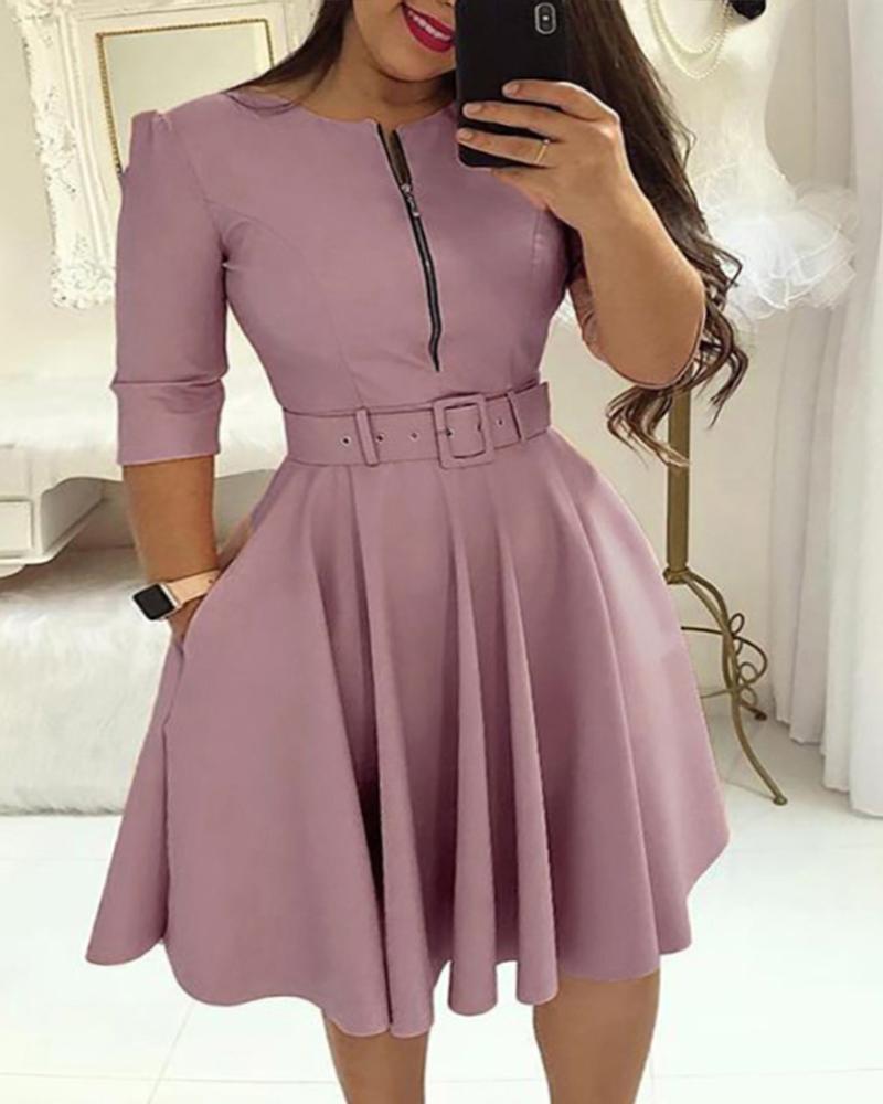 

Plus Size Zipper Design Round Neck Casual Dress With Belt, Purple