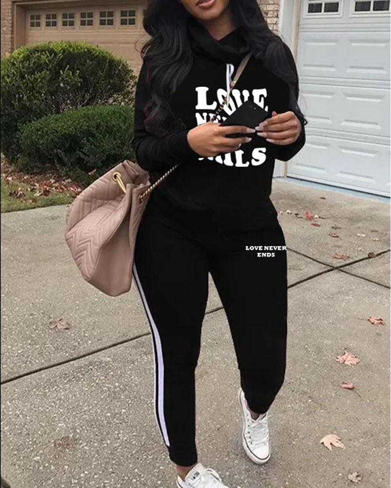 

Plus Size Letter Print Long Sleeve Casual Top & Pants Set, Black