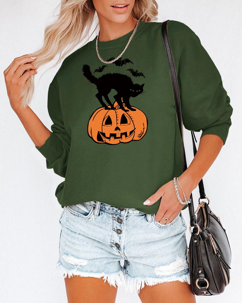 

Halloween Cat Pumpkin Bat Print O Neck Sweatshirt, Green