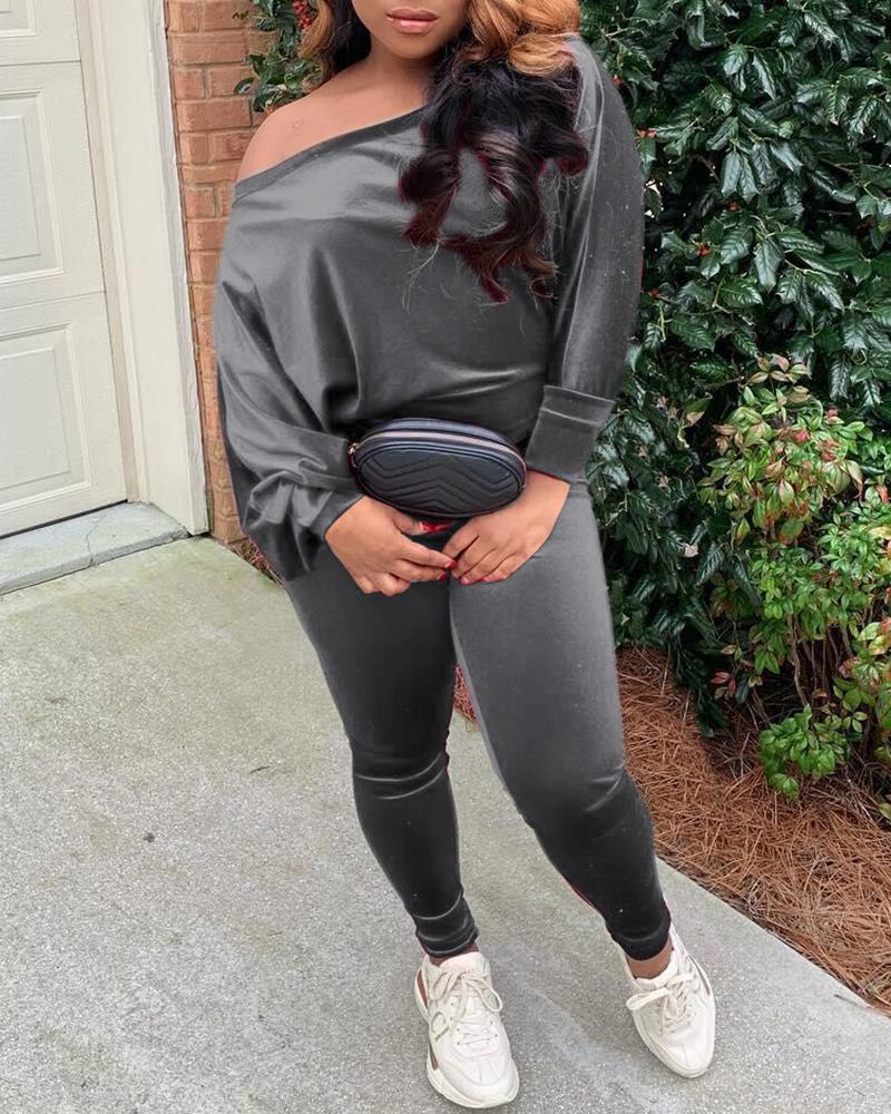 

Plus Size Plain Long Sleeve Casual Sweatshirt & Skinny Pants Set, Gray