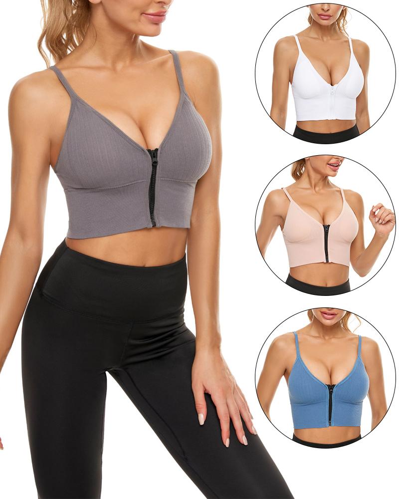 

Plain Zipper Front Sports Bra, Gray