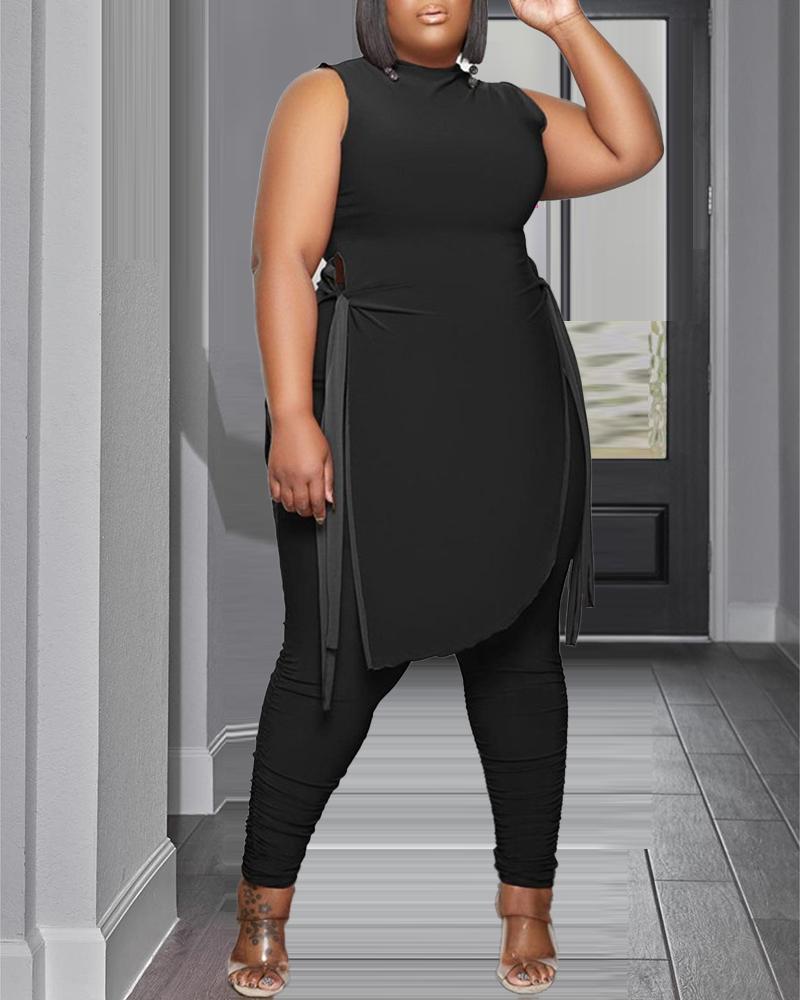 

Plus Size Tied Detail Twisted Slit Top & Pants Set, Black