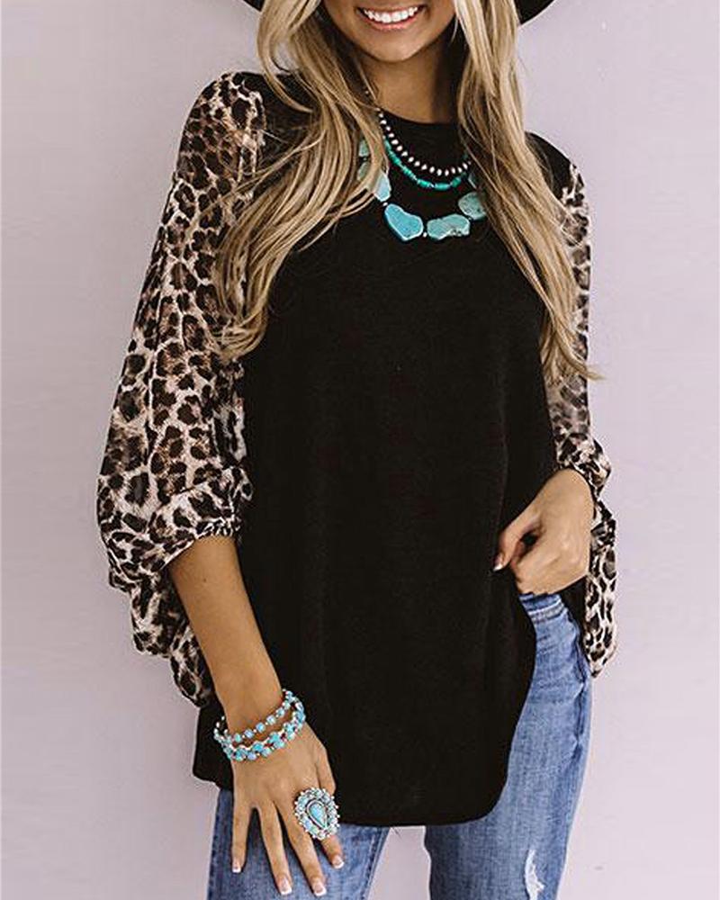 

Cheetah Print Colorblock O Neck Casual T-Shirt, Black
