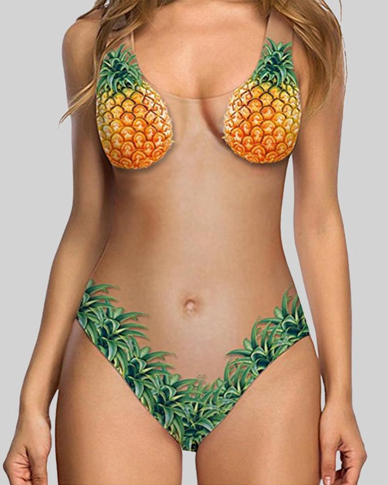 

Rouge Rose Print Strap Sleeveless Skinny Cut-out One-piece Swimwear, Yellow