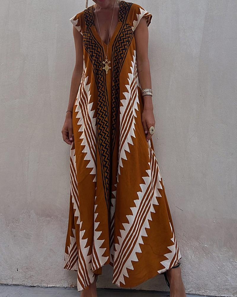 

Geometric Print Cap Sleeve Casual Maxi Dress, Coffee
