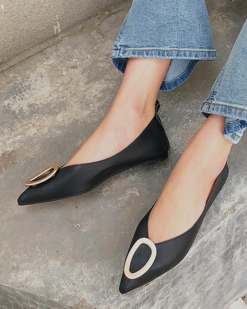 

Metal Decor Pointed Toe Slip On Flats, Black