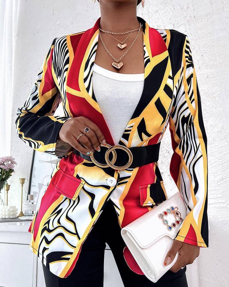 

Zebra Stripe Print Shawl Collar Flap Detail Single Button Blazer, Hot pink