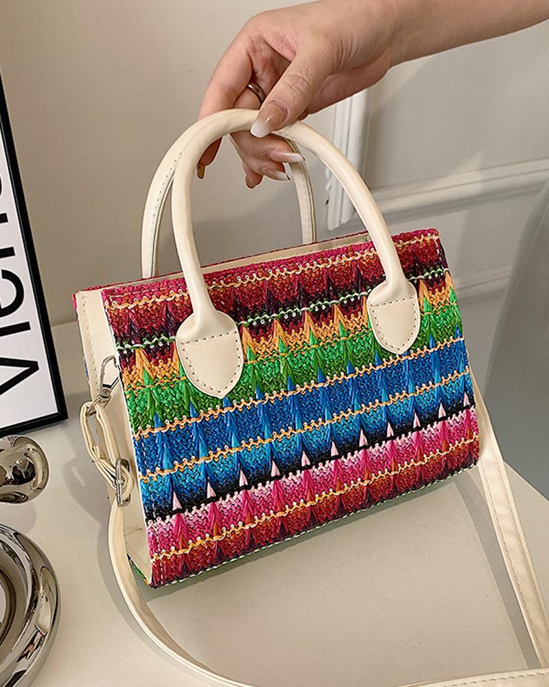 

Vintage Colorblock Straw Shoulder Bag With Handle, Multicolor
