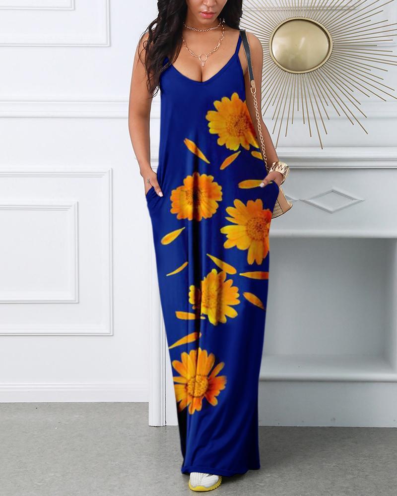 

Plus Size Floral Print Spaghetti Strap Maxi Dress, Blue