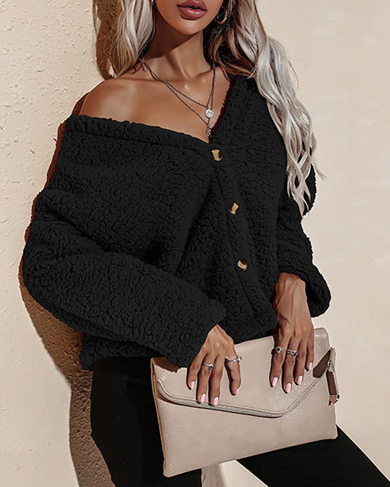 

Button Design Long Sleeve Teddy Coat, Black