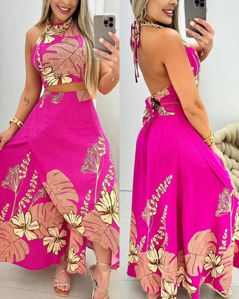 

2 unidades/conjunto de folha de palmeira com estampa floral sem costas e saia com fenda, Hot pink