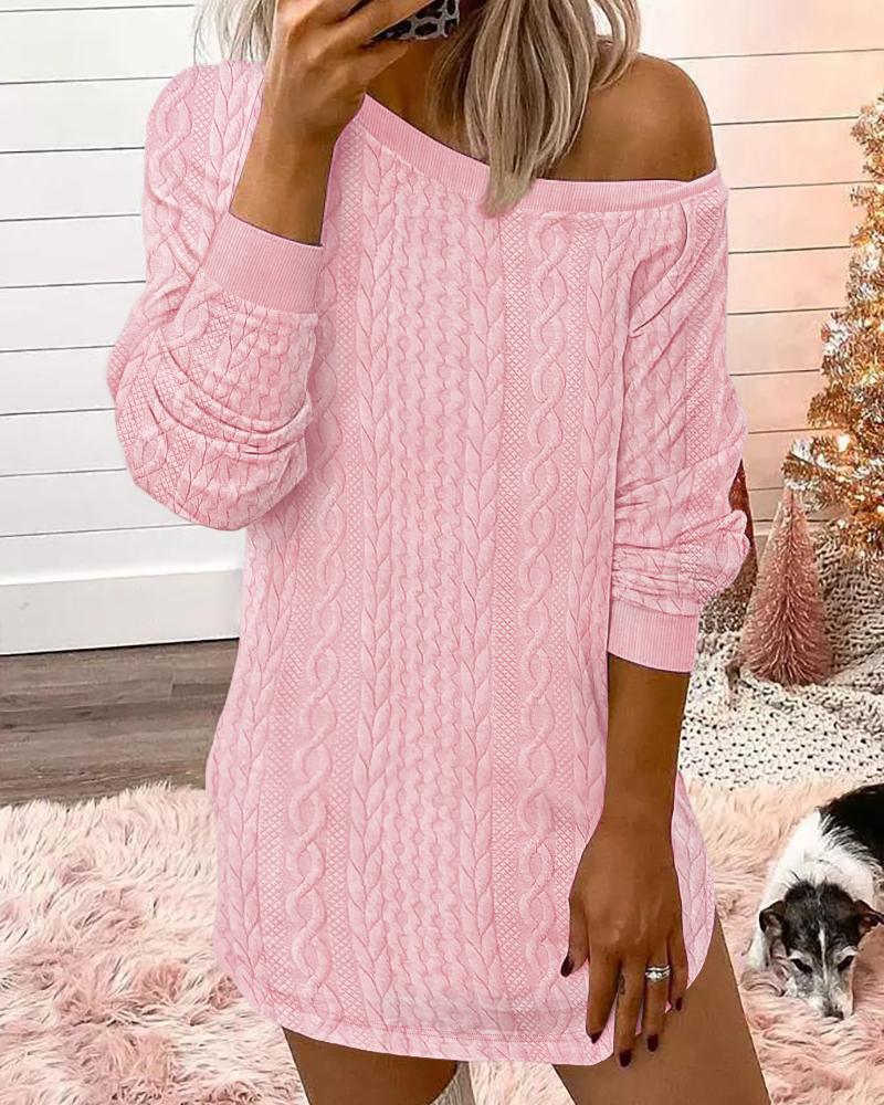 

Skew Neck Long Sleeve Cable Textured Casual Dress, Pink