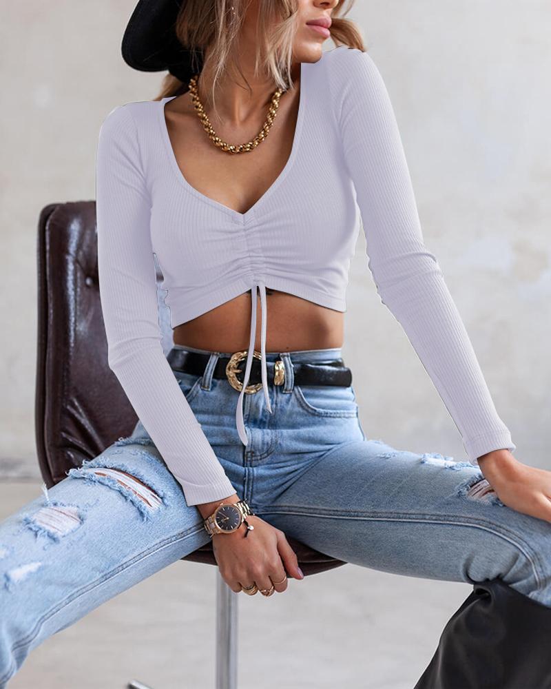 

Long Sleeve Drawstring Ruched Crop Top, White