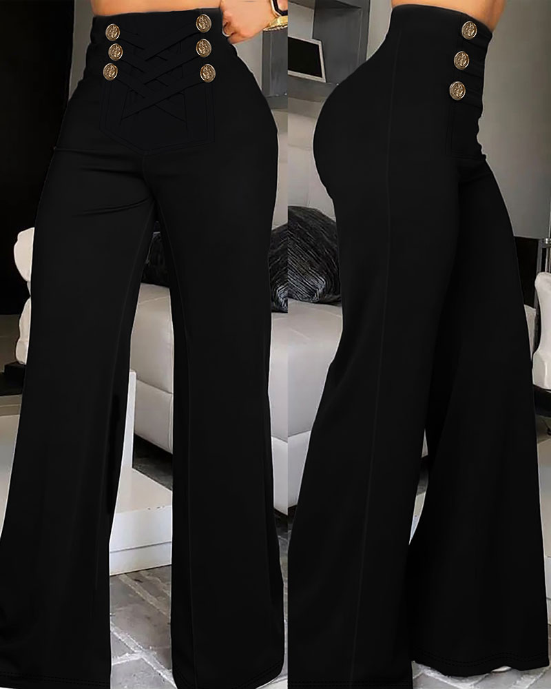 

High Waist Criss Cross Flared Pants, Black