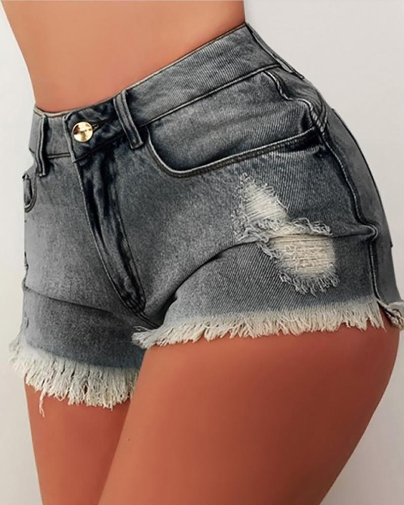 

High Waist Fringe Hem Ripped Hot Denim Shorts, Black