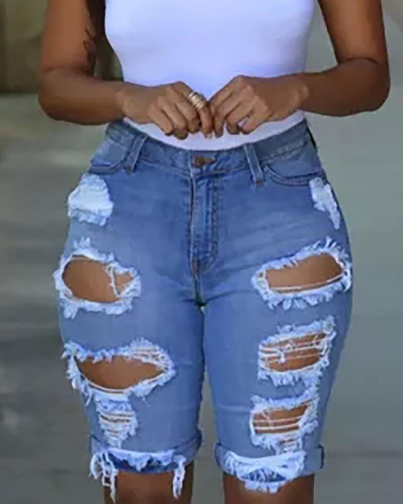 

Ripped Cutout Casual Denim Shorts, Dark blue