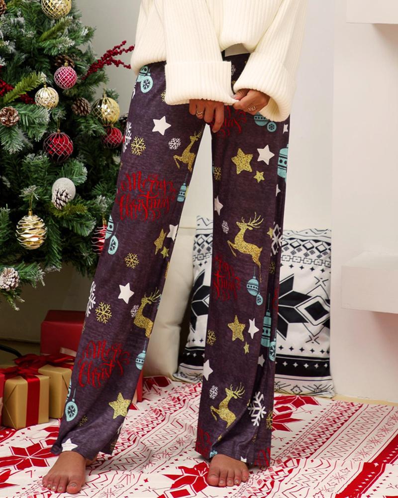 

Christmas Mixed Print Drawstring Wide Leg Pants, Purple