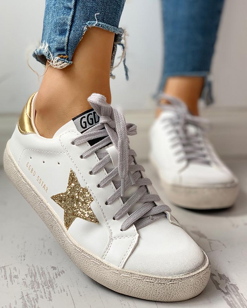 

Sequins Star Design Casual Lace-Up Sneakers, Gold