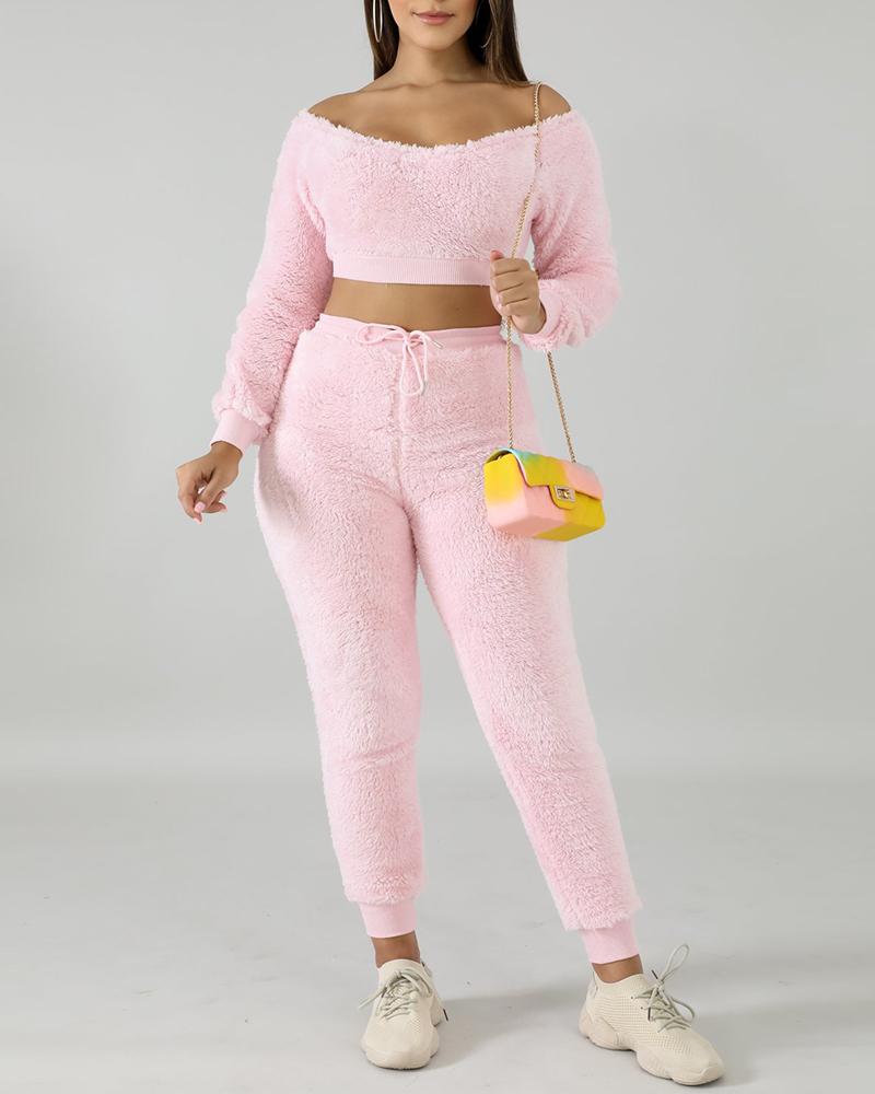 

Plain Fluffy Long Sleeve Crop Top & Pants Set, Pink