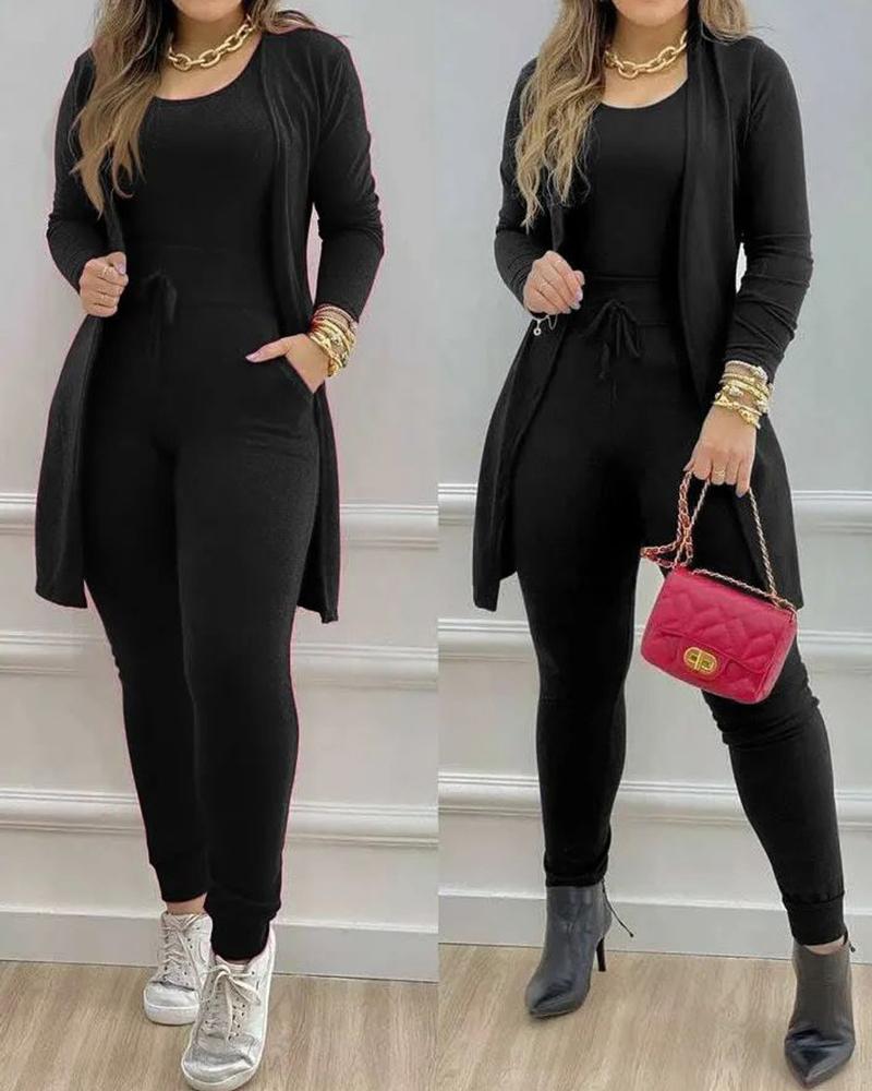 

Sleeveless Jumpsuit & Pocket Design Longline Coat, Black